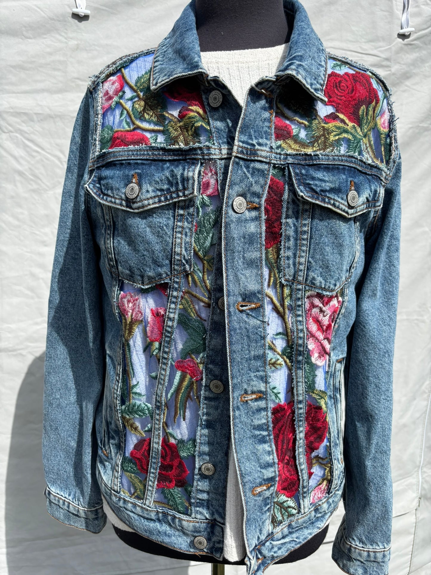 Ladies Denim Jacket with Embroidered Sheer Mesh Lace Panels