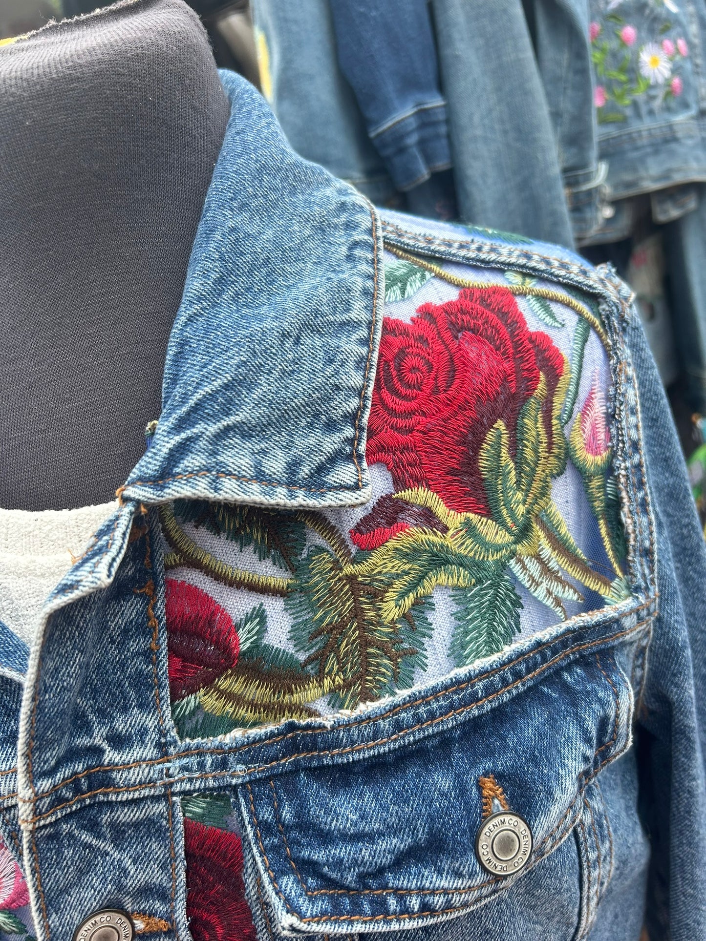 Ladies Denim Jacket with Embroidered Sheer Mesh Lace Panels