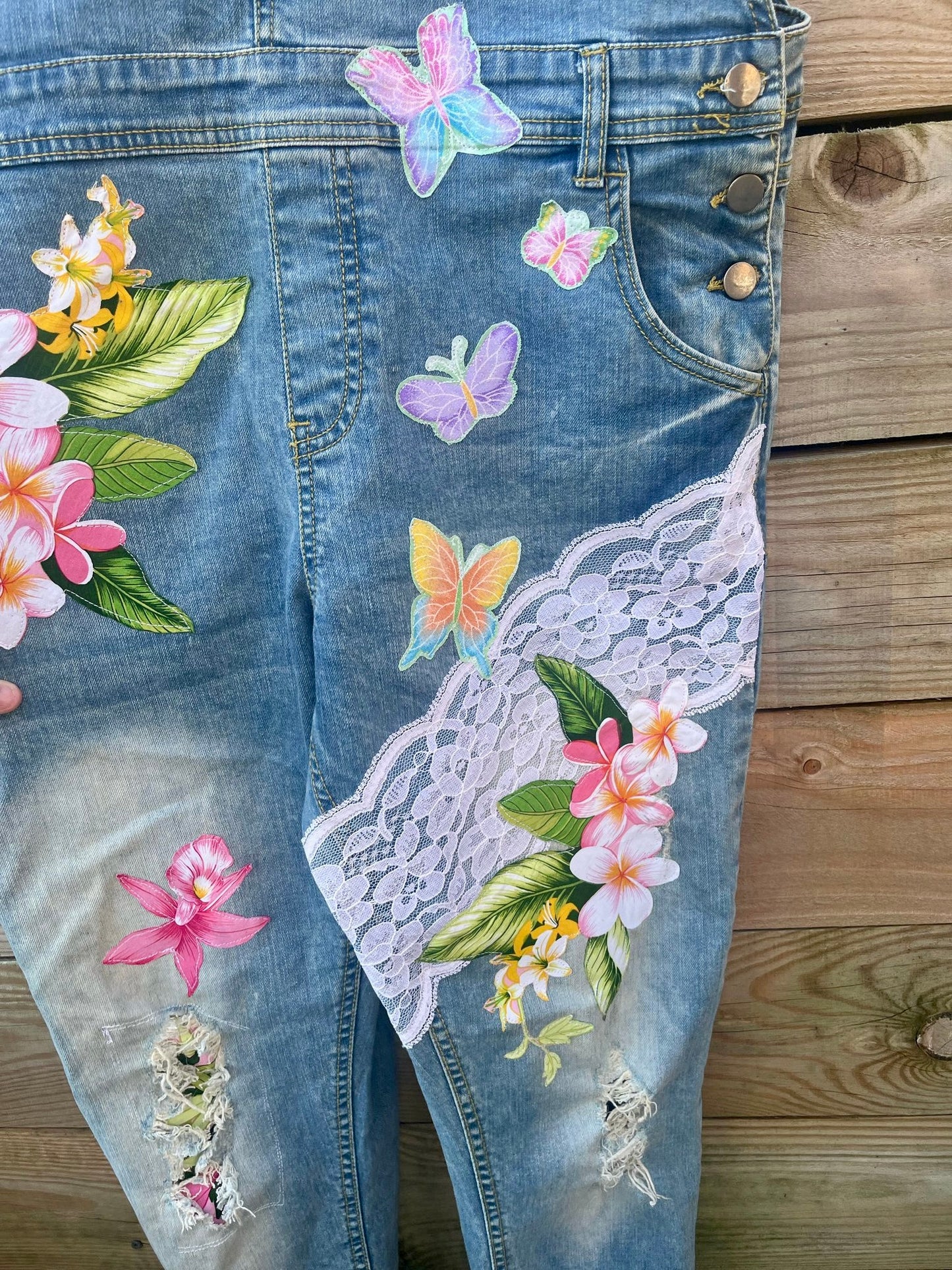 Denim Dungarees Floral, Lace and Butterflies Ladies