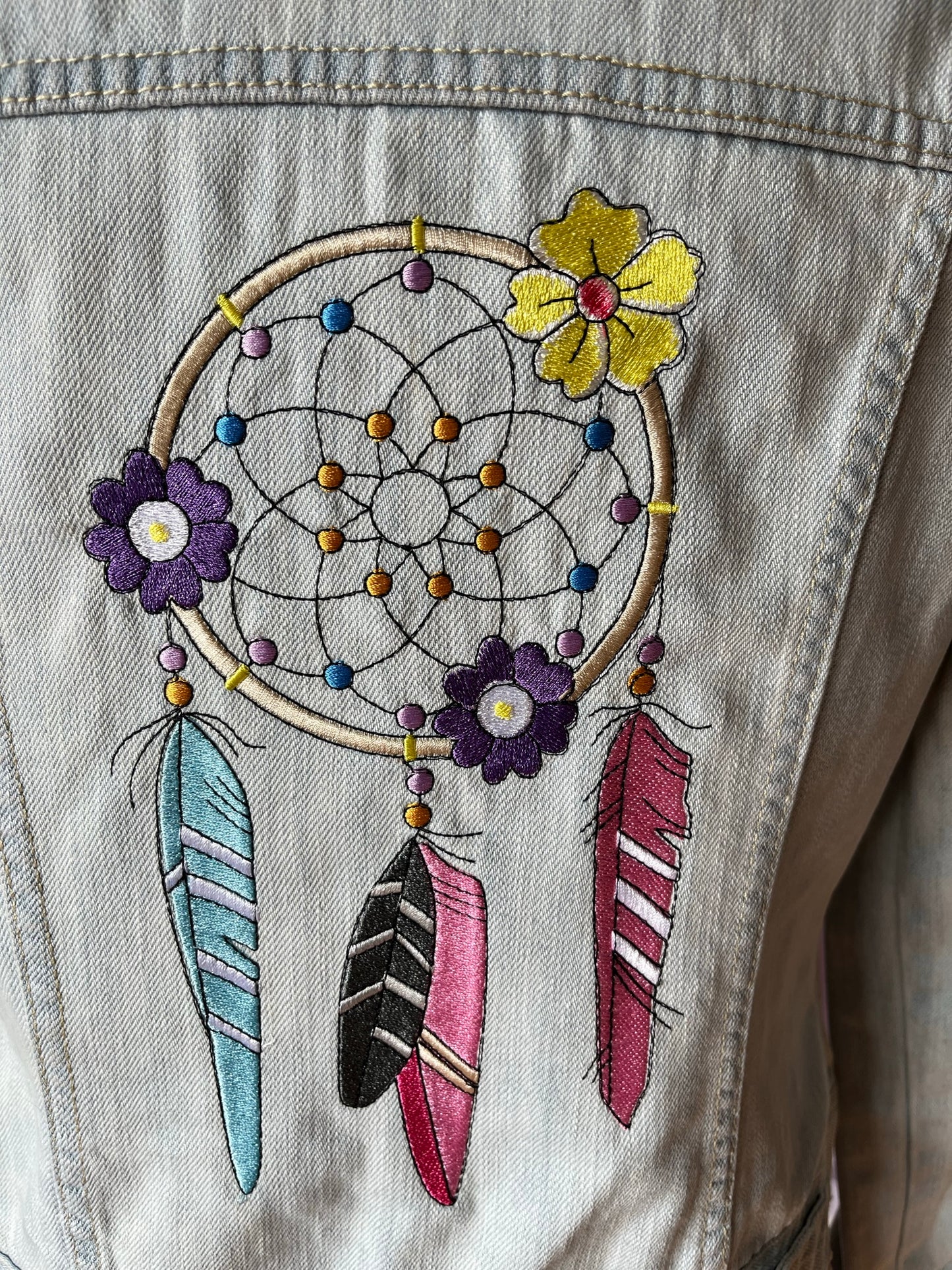 Faded Denim Jacket Ladies with Dreamcatcher