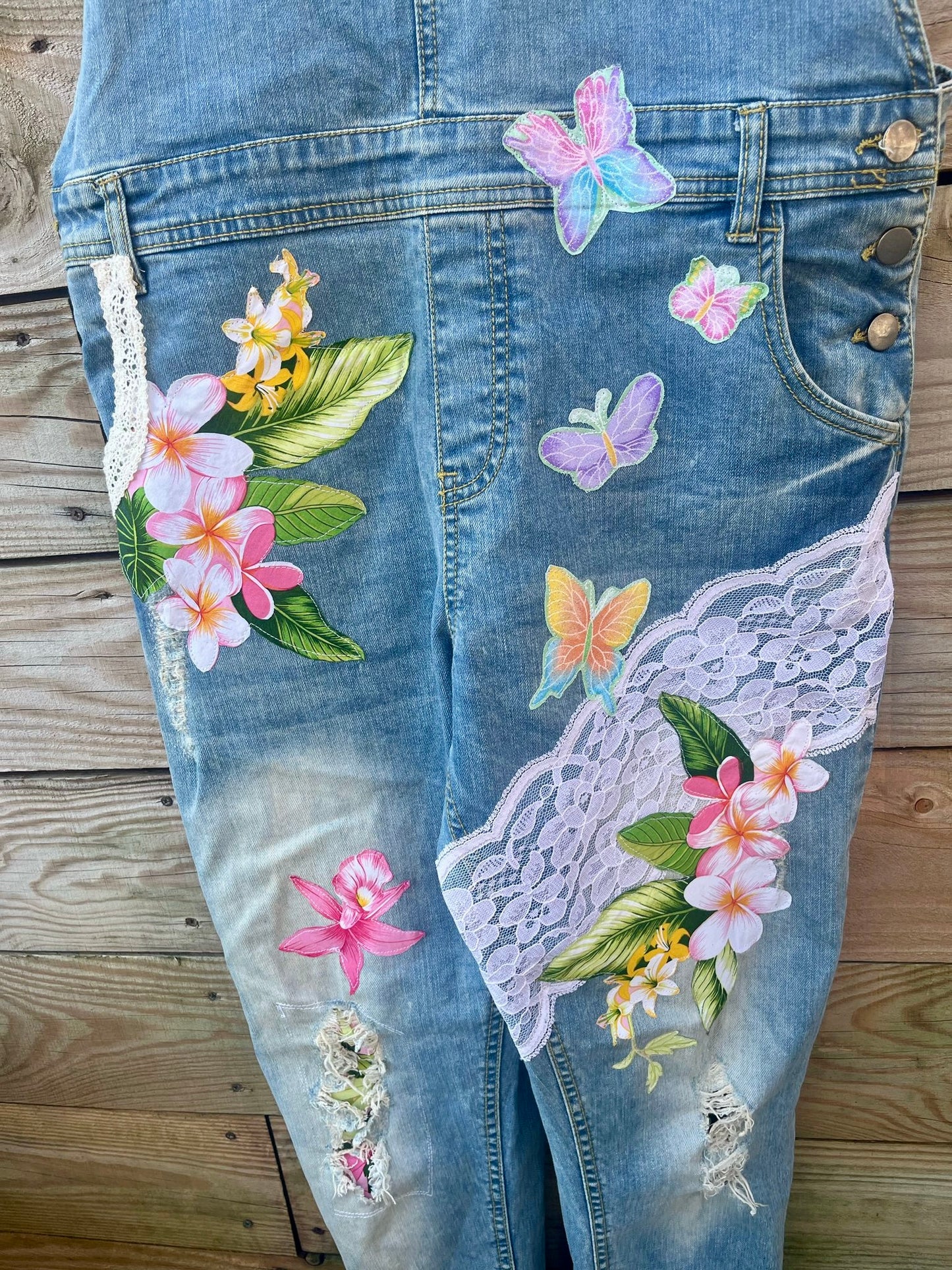 Denim Dungarees Floral, Lace and Butterflies Ladies
