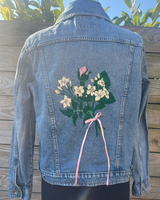 Ladies Denim Jacket Flower Bouquet tied with Ribbon