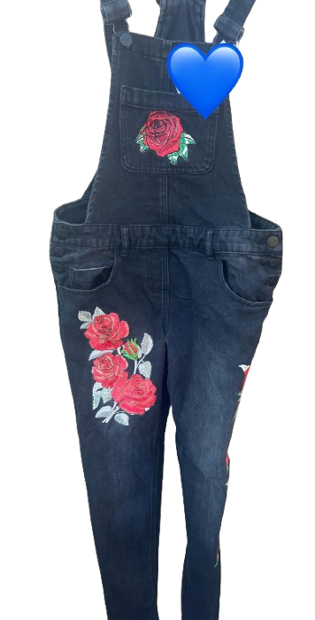 Ladies Black Denim Dungarees embroidered with Roses