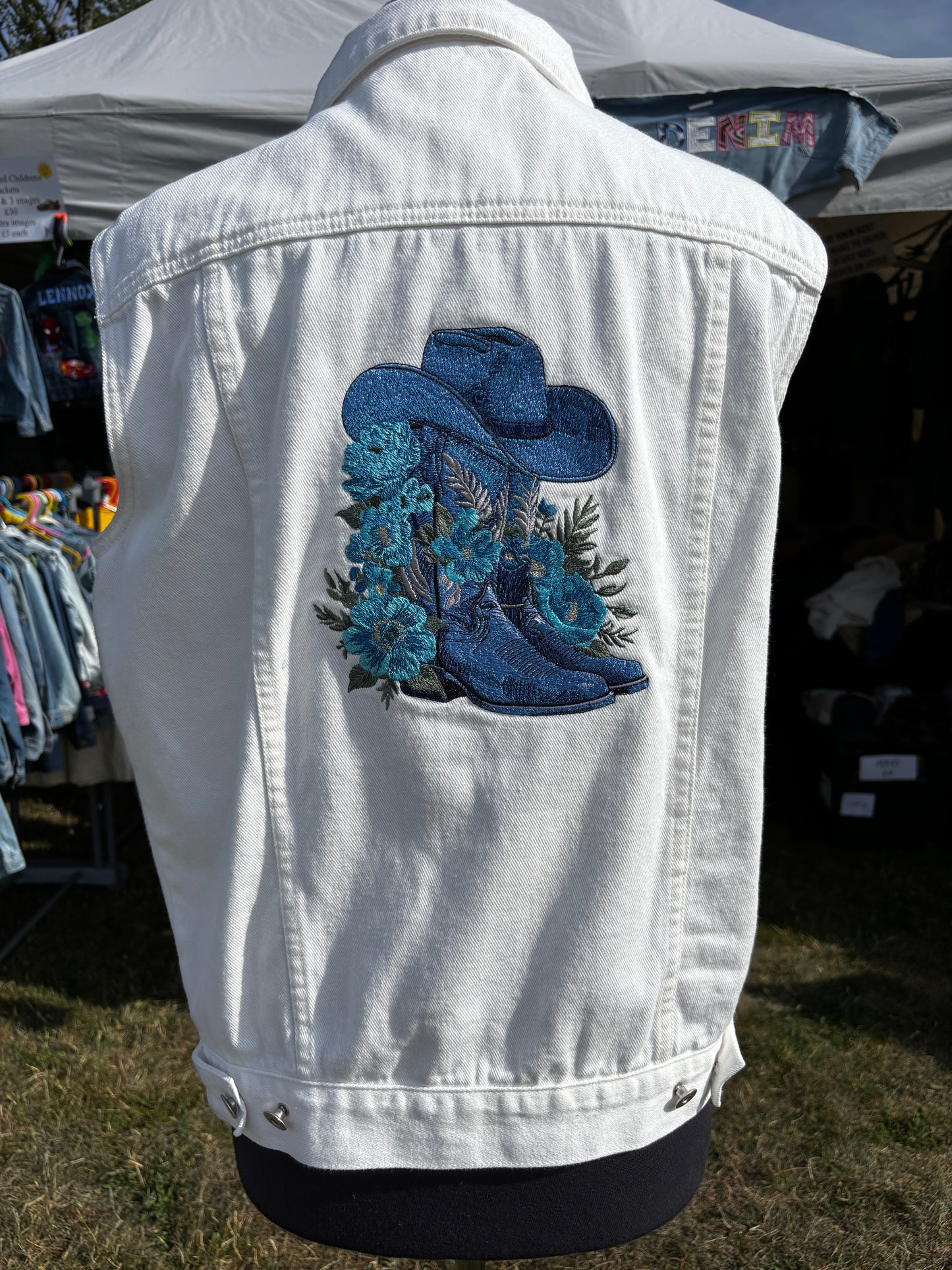 Blue Cowboy Boots on White Waistcoat