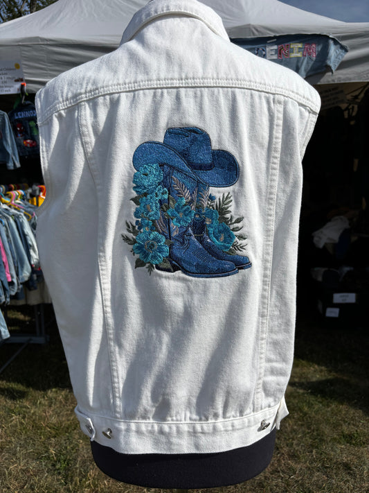 Blue Cowboy Boots on White Waistcoat