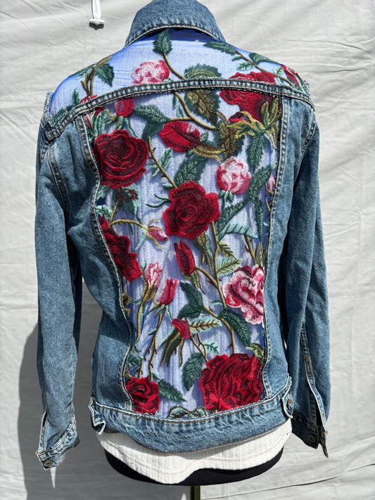 Ladies Denim Jacket with Embroidered Sheer Mesh Lace Panels