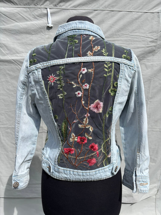 Ladies Denim Jacket with Panels of White Embroidered Sheer Mesh Lace