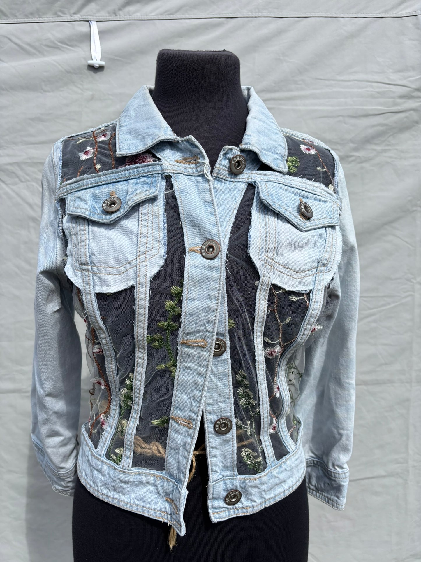 Ladies Denim Jacket with Panels of White Embroidered Sheer Mesh Lace