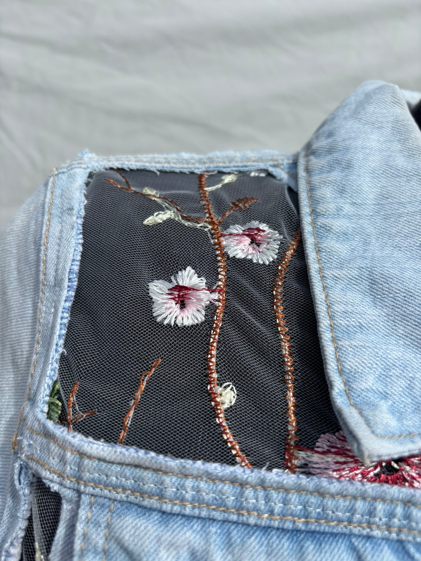 Ladies Denim Jacket with Panels of White Embroidered Sheer Mesh Lace
