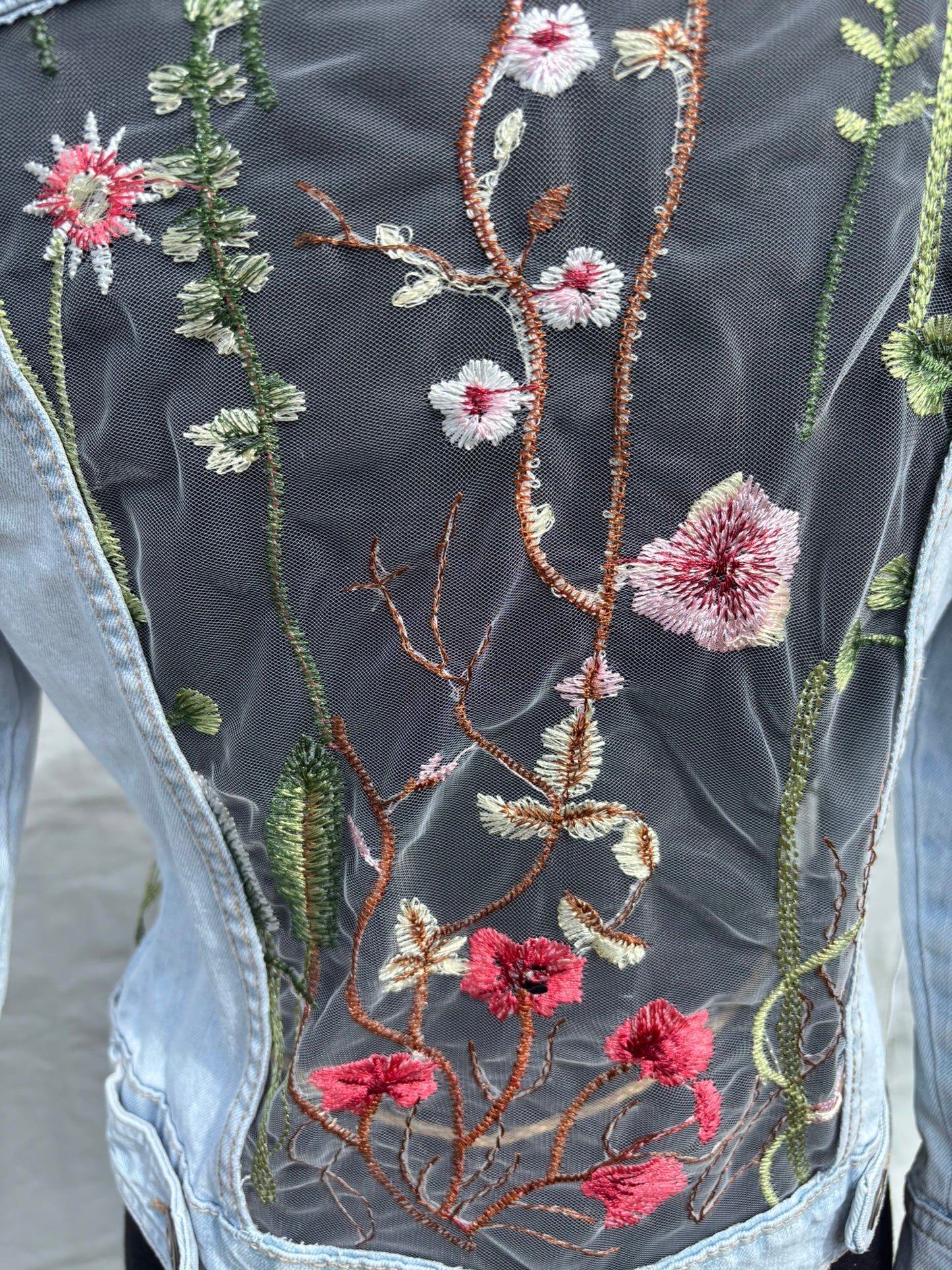 Ladies Denim Jacket with Panels of White Embroidered Sheer Mesh Lace