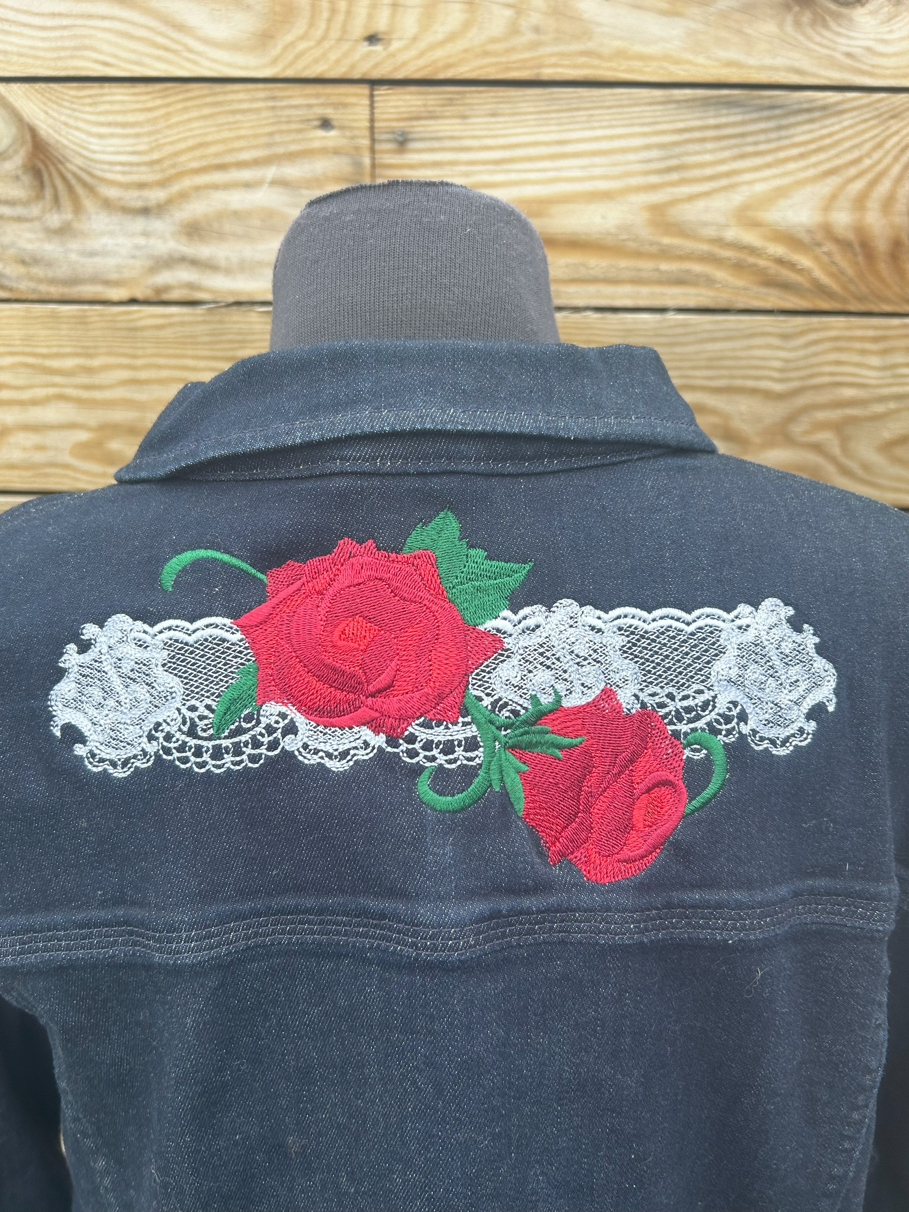 Denim jacket with rose embroidery best sale