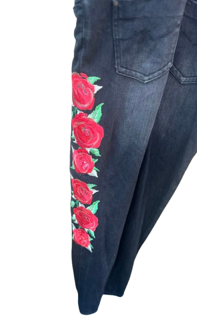 Ladies Black Denim Dungarees embroidered with Roses