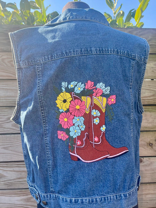 Ladies Blue Denim Waistcoat embroidered with Cowboy Boots and Flowers